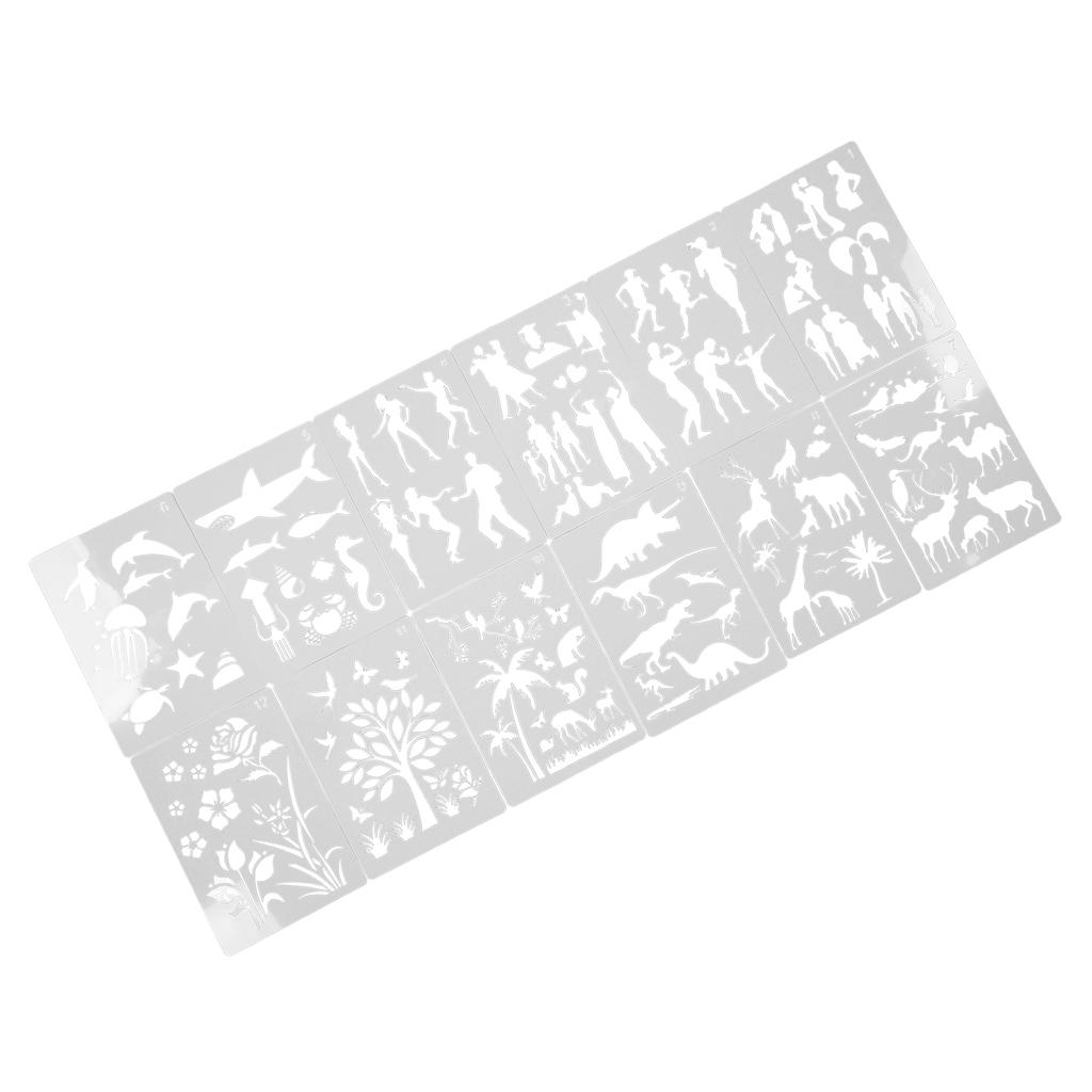 12Pcs Paint Stencils A4 Characters Animals Plants Safe Poisonless Durable Lightweight Wide