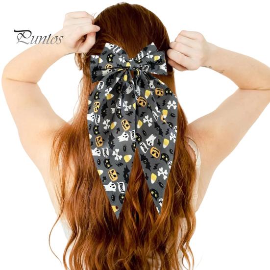 Pumpkin Print Bow Barrette Halloween Silky Satin Hair Bows, Big Ribbon Clips, Oversized Dynamic Long Tail Barrettes, Cute Accessories for Women Girls