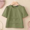 Women Casual Round Neck Solid Color Loose Half Sleeve Blouse