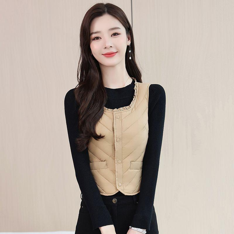 

Женский пуховый жилет из шелка с пухом белой утки больших размеров, приталенного силуэта, для матерей среднего и пожилого возраста L хаки