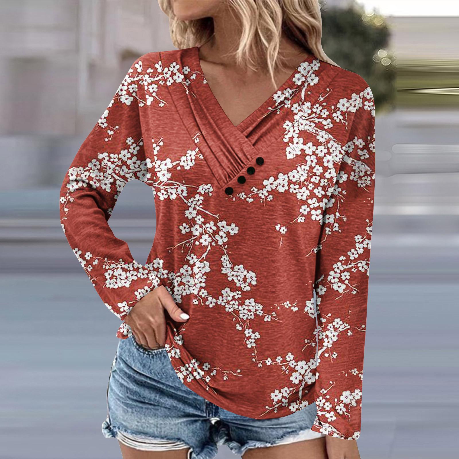 

Женская туника с длинными рукавами, свободные топы, повседневные топы большого размера, плиссированная туника на пуговицах, повседневные осенние женские топы с цветочным принтом M киноварь