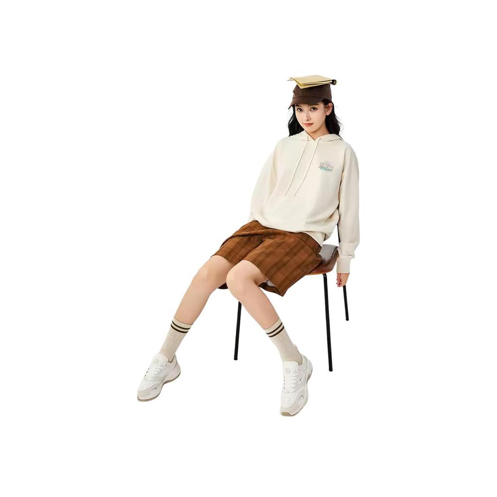 Anta Comfortable Casual Letter Print Hooded Loose Sweatshirt Women Tops Stone-White 162438705-1