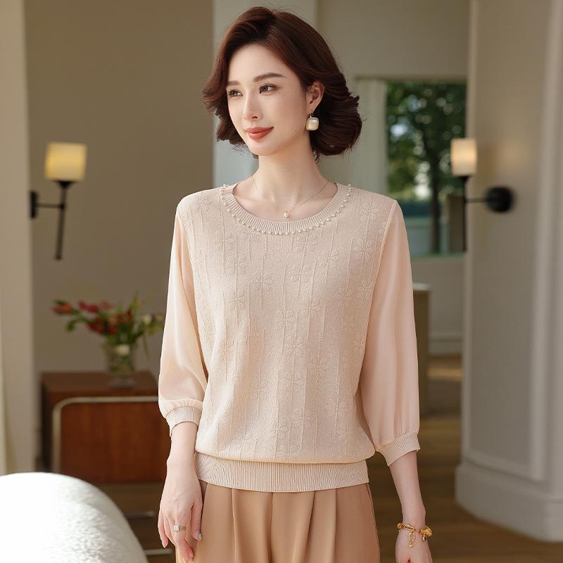 

Elegant Round Neck Knit Top with Bead-Embroidered Gauze Sleeves for Women, Stylish and Comfortable for Middle-Aged and Elderly. 3XL (Recommended 140-160 jin)