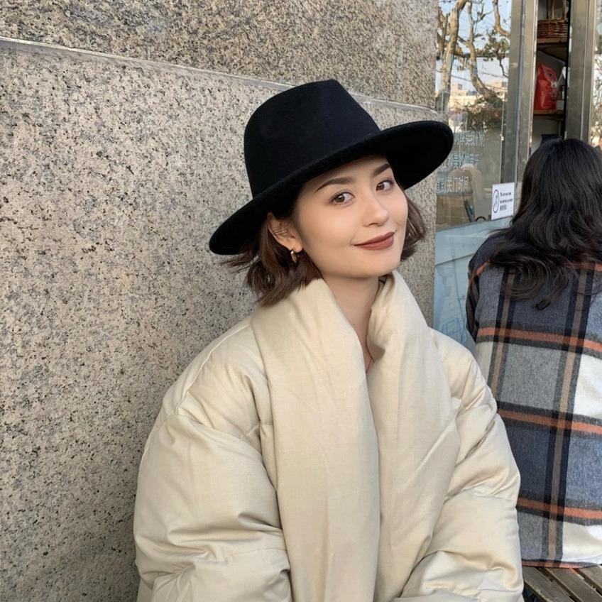 Show high-end bare top hat, women's wool, men's retro large-size jazz hat, red coffee camel, black gentleman's hat, felt hat.