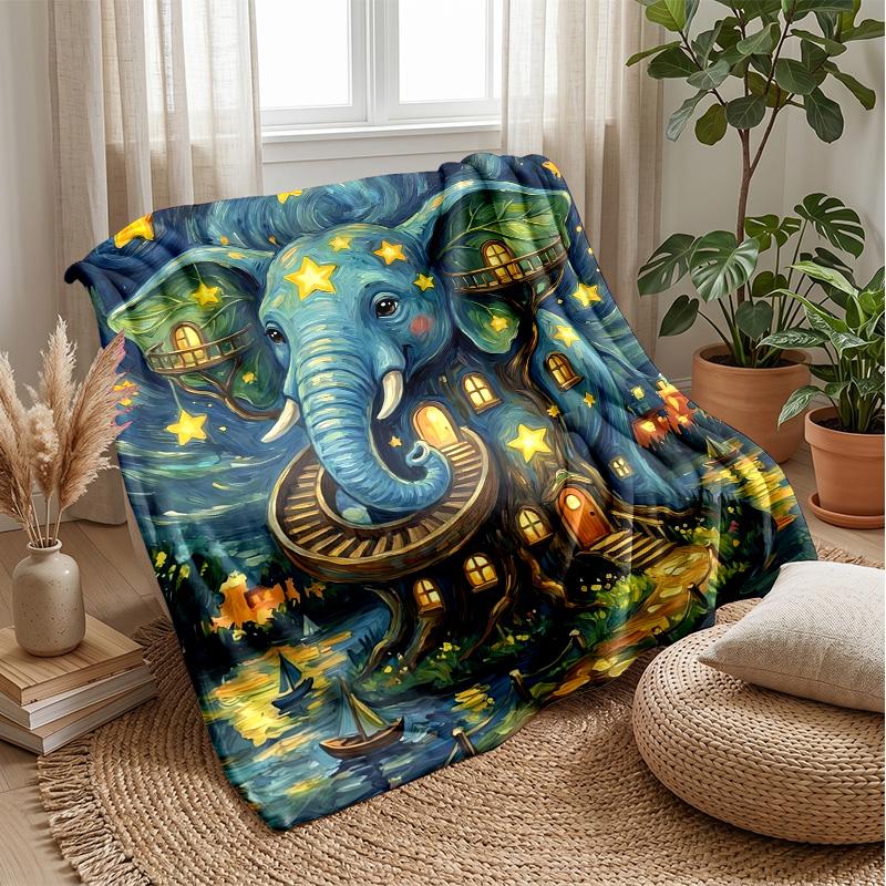 Elephant Singing Under Rainbow Theme Blanket Lightweight Warm Flannel Blanket Decorative Throw Blanket for Home Decoration