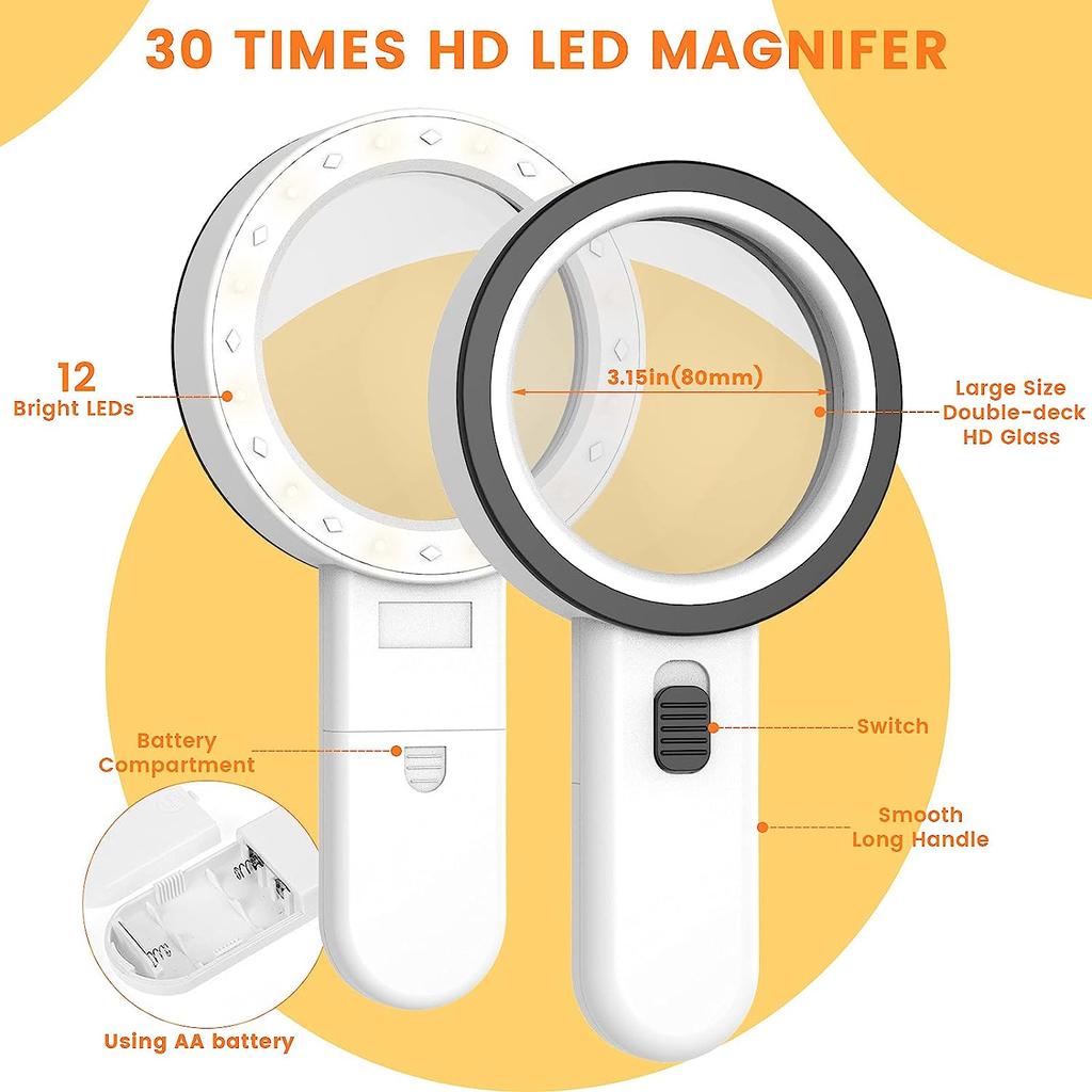 30-fache Handlupe mit LED-Licht, High-Definition, hohe Zeiten, Kinder, ältere Studenten mit Büchern, ältere Menschen beim Lesen