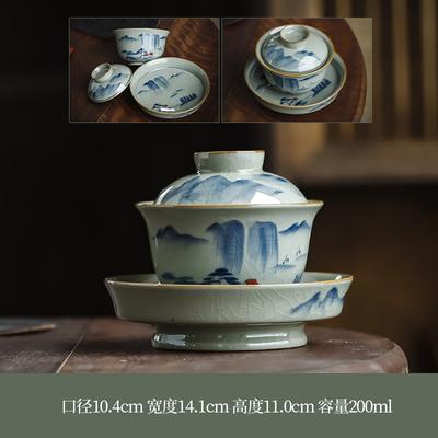 Keramische handbemalte Gaiwan im Antikstil aus altem Ton, Drei-Talent-Teetasse, blau-weiße Unterglasurfarbe, Teekanne, großer Serviertee