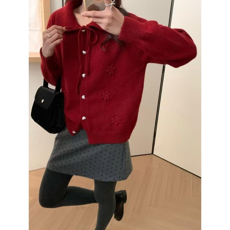 

Design sense crochet lapel lace-up solid color knitted jacket women s simple long-sleeved new knitted top women average size темно-красного