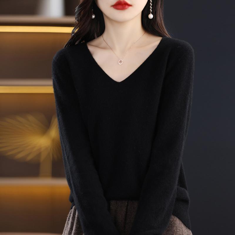 Dámský svetr podzim zima pletený svetr s výstřihem do V Košile s volným dnem jednobarevné měkké úplety svetry Základní svetry