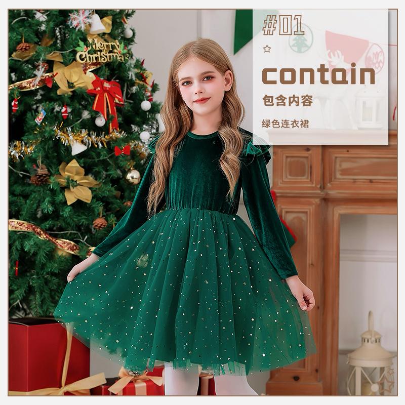 Girls Long Sleeve Red New Year Christmas Clothing Star Mesh Dress Princess Dress Performance Clothing Children's Clothing