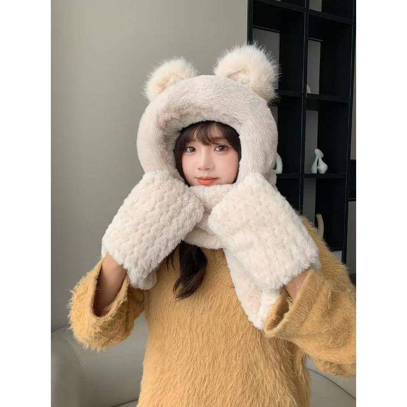 Bear Hat for Women In Autumn and Winter Autumn and Winter Plush Yarn Tie Neck Ear Protection Hat Scarf Gloves Three Piece Set