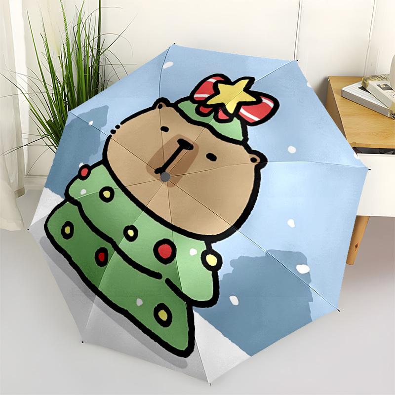 

1pc Christmas Capybara Automatic Umbrella - Stylish, Durable, with 8-Rib Manual Open Design, Elegant Black Handleyy250920096