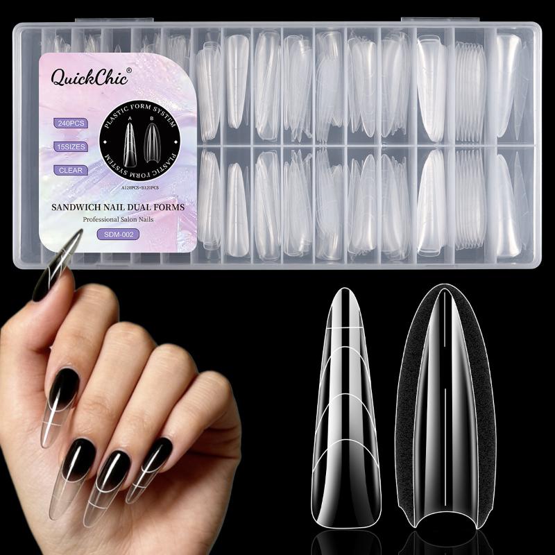 240Pcs Clear Dual Forms Nail Mold Sets Full Cover False Nail Tips Poly Nail Gel Mold Reusable Nail Top Form