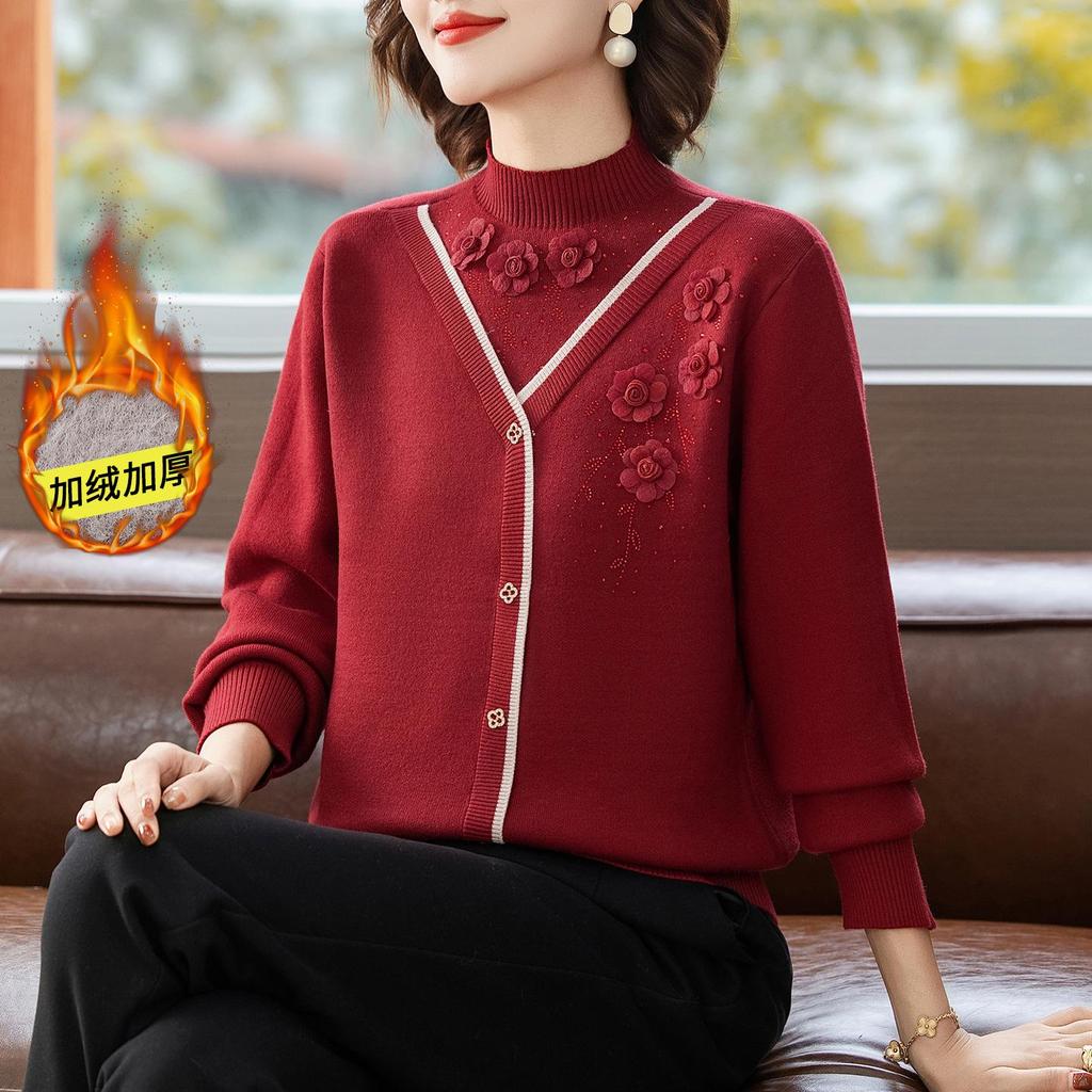 Mom's Winter Plus Velvet Layered Half-High Collar Sweater for Middle-Aged and Elderly Women - Warm Knitwear Base Layer