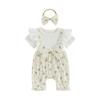 Stylish Baby Girl Floral Print Romper with Ruffle Sleeves and Matching Bow Headband - Trendy 2 Piece Outfit for Summer