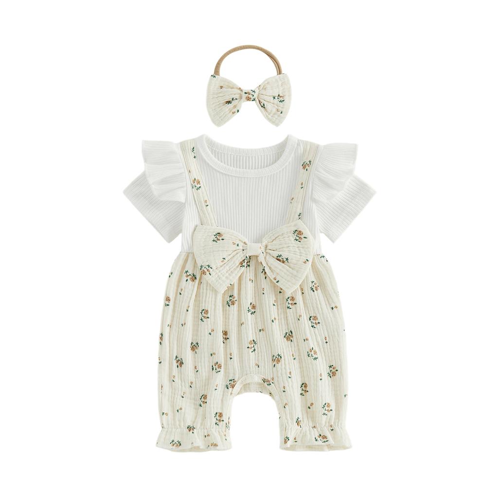 Stylish Baby Girl Floral Print Romper with Ruffle Sleeves and Matching Bow Headband - Trendy 2 Piece Outfit for Summer
