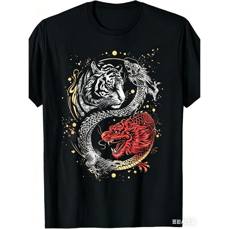 Chinese Dragon and Tiger Yin Yang TShirt Oriental Mythology Graphic Tee Mythical Beast Streetwear Top Asian Culture Apparel