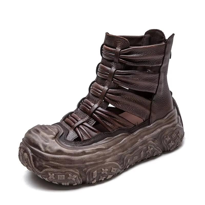 Fashion GKTINOO Hollow Out Breathable Summer Boots 2025 New Genuine Leather Sandals Retro Women's Flat Platform Shoes