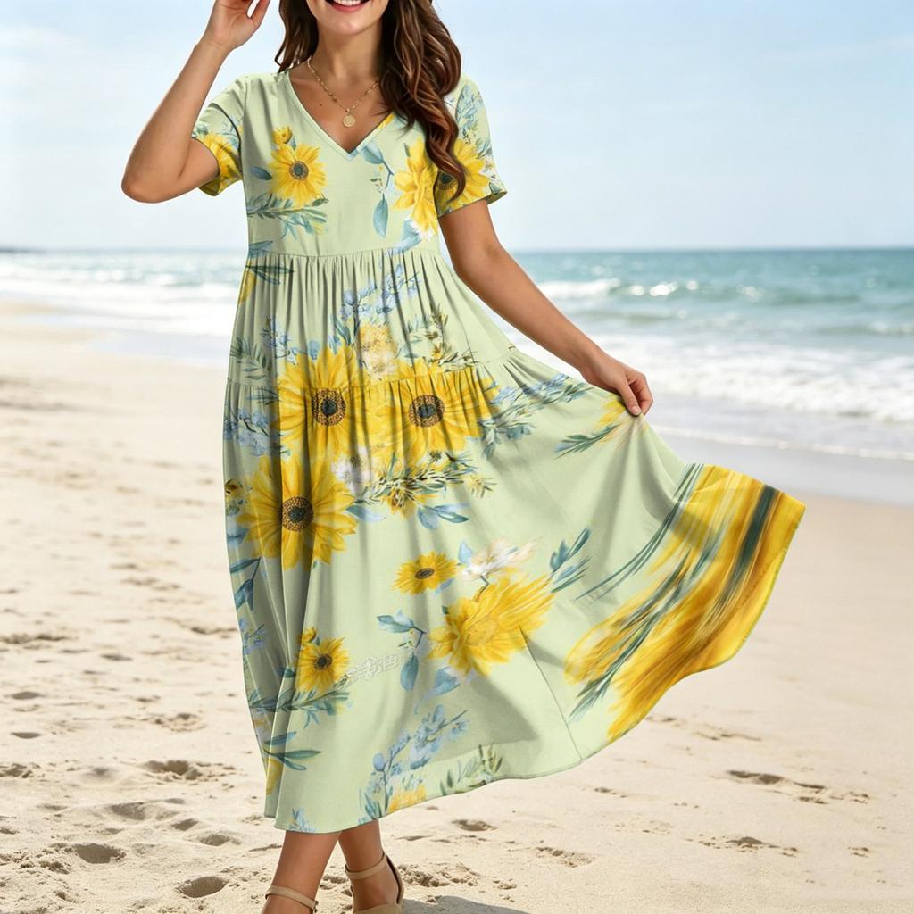 Frauen Casual Lose Bohemian Blumenkleid Kurzarm Lange Maxi Sommer Strand Swing Kleid