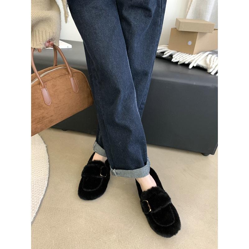Internet Celebrities Pedal Fluffy Shoes Piled Warm Mink Wool Cotton Shoes Doudou Single Shoes