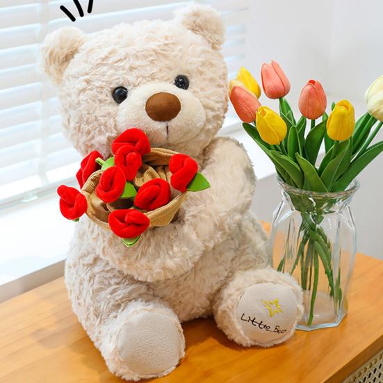 Rose Bear Plush Toy Cute Teddy Bear Holding Flower Bouquet Soft Stuffed Animal Gift for Valentine's Day