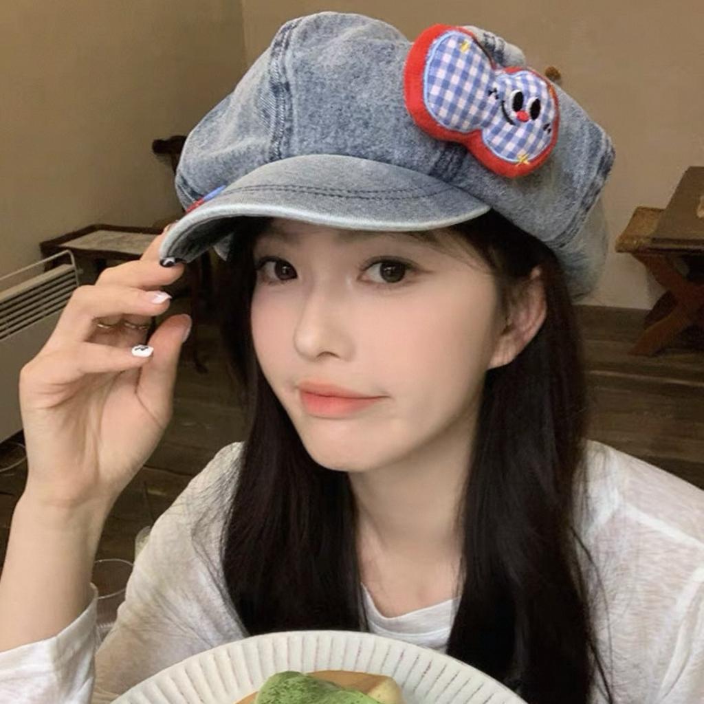 Japanese Ancient Feeling Apple Button Denim Octagonal Cloud Hat Female Korean Versatile Face Small Washed Beret
