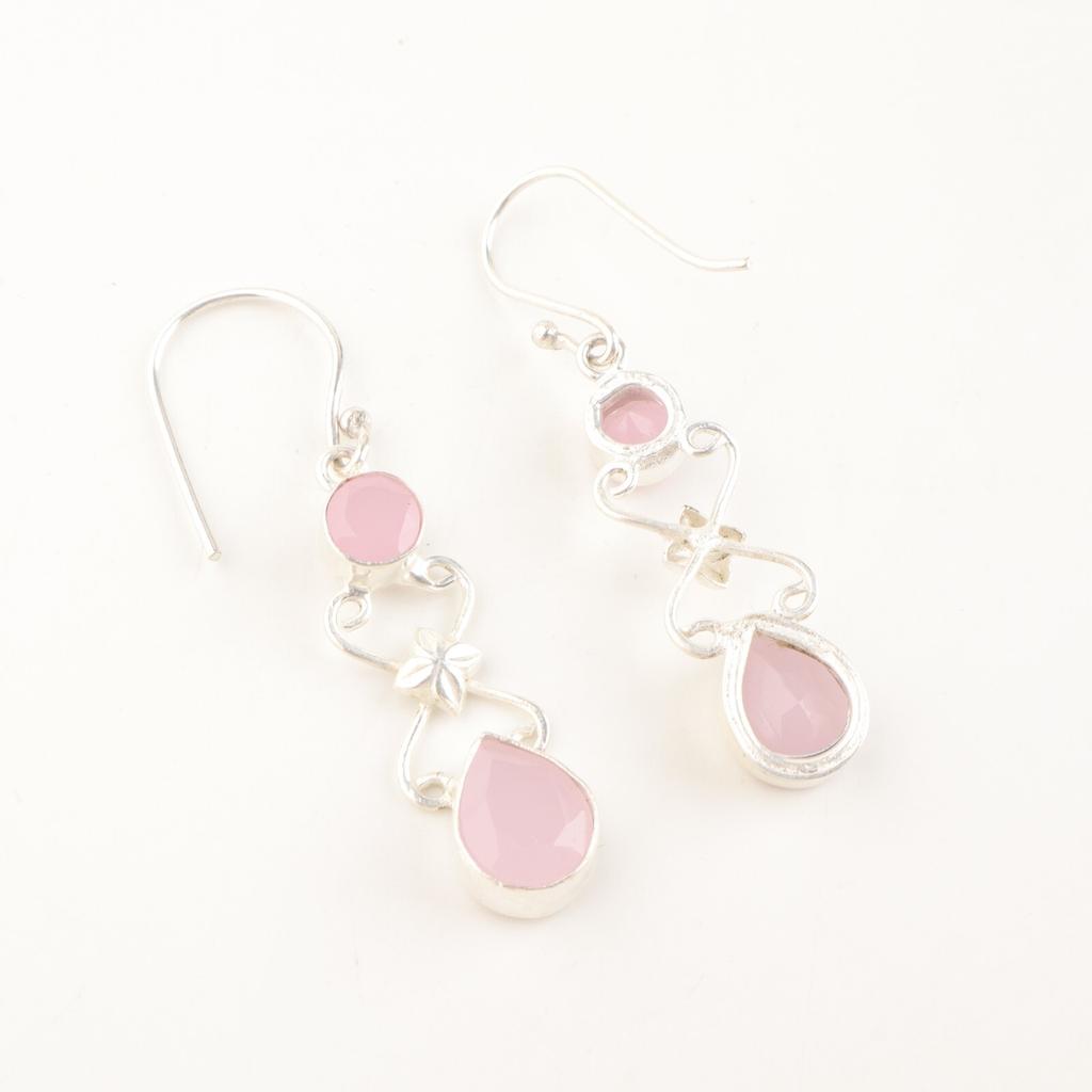 Natural Rose Chalcedony Gemstone 925 Stamped Silver Jewelry Handmade Earrings 2" EE-156-16