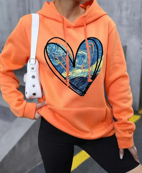 Women's Heart Print Hooded Sweatshirt with Pockets - Comfortable Long Sleeve Casual Wear