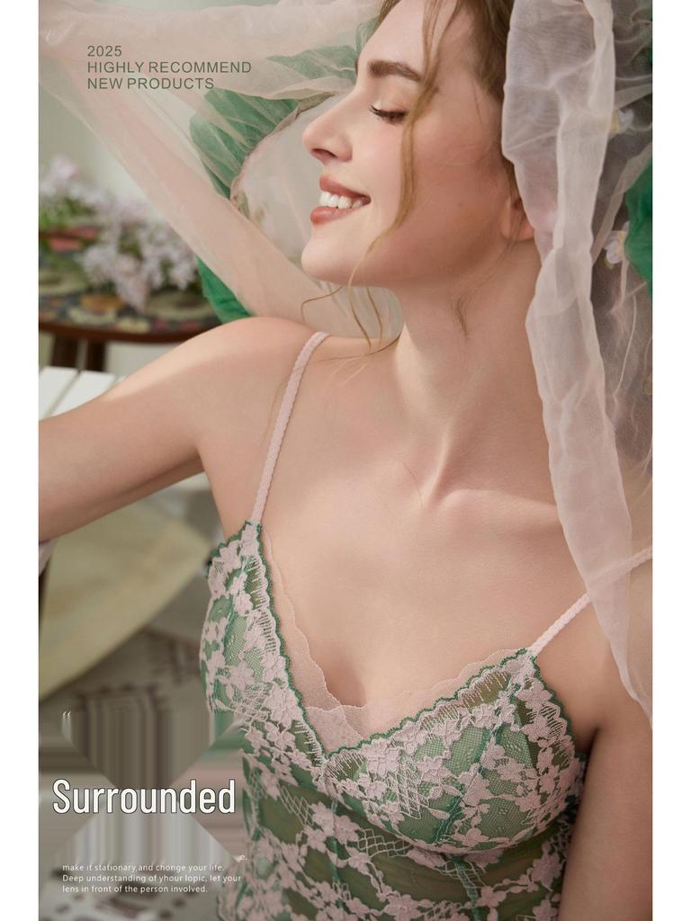 French Pure Desire Floral Lace Spaghetti Strap Triangle Cup Lingerie Set - Invisible Back Buckle Bra & Beautiful Back Design