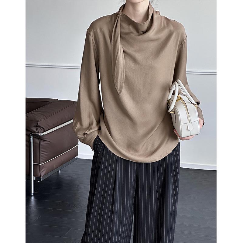 Ju Zhi 2024 Autumn Chic Slimming Irregular Drape Ribbon Shirt for Women 4533