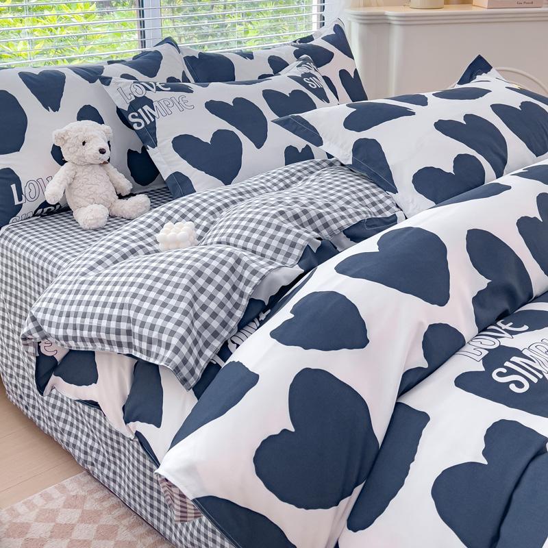 4pcs Cartoon Love Duvet Cover Set Simple Blue Plaid Bed Sheet Adults Kids Teenagers Bedding Comforter Cover with 2 Pillowcases