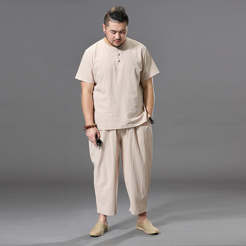 Summer linen suit men's buckle short-sleeved t-shirt ice silk thin trendy men's Chinese shorts cotton and linen two-piece set