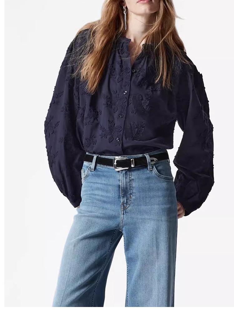 French Embroidered Women's Long Sleeve Cotton Blouse - High-End Autumn Collection
