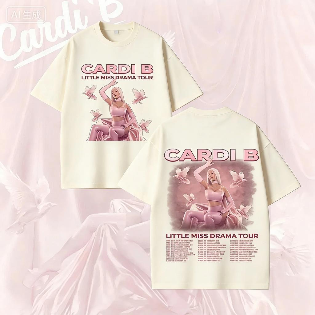 Black Double-Sided Cardi B "Little Miss Drama Tour" T-Shirt with Pink Portrait and Full Tour Dates Print for Hip-Hop Fans