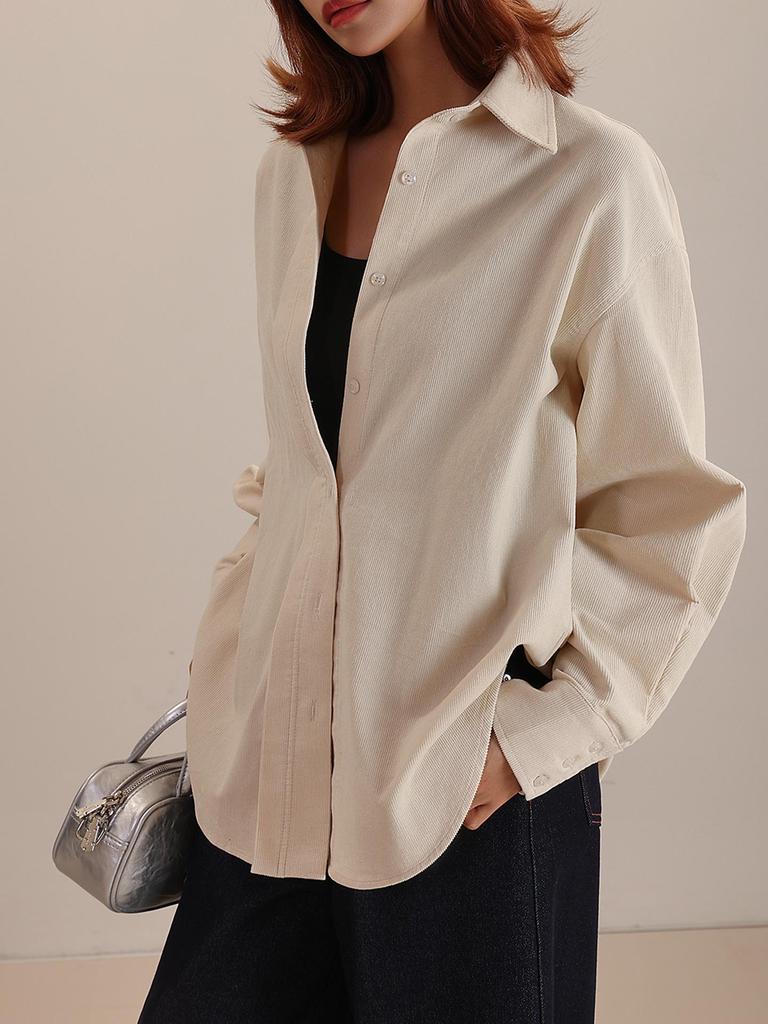 Women's Long Sleeve Washed Corduroy Blouse - Drop/Regular Shoulder, 100% Cotton, Slim Fit, for Spring, Autumn, Winter.