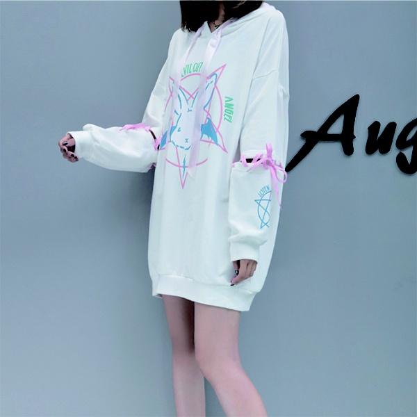 Harajuku Pentagram Lace Embossed Women's Polar Hoodies Punk Gothic Cute Bunny Oversize Hooded Velvet Sweatshirt Jersey Streetwear