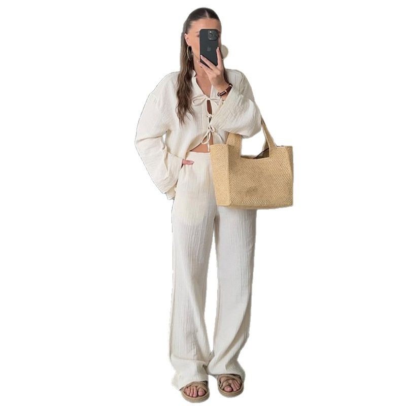 

Western Style New Solid Casual Loose Lace-up Shirts Trousers Two-Piece Suit Shirt and Pants Set Apricot XXL