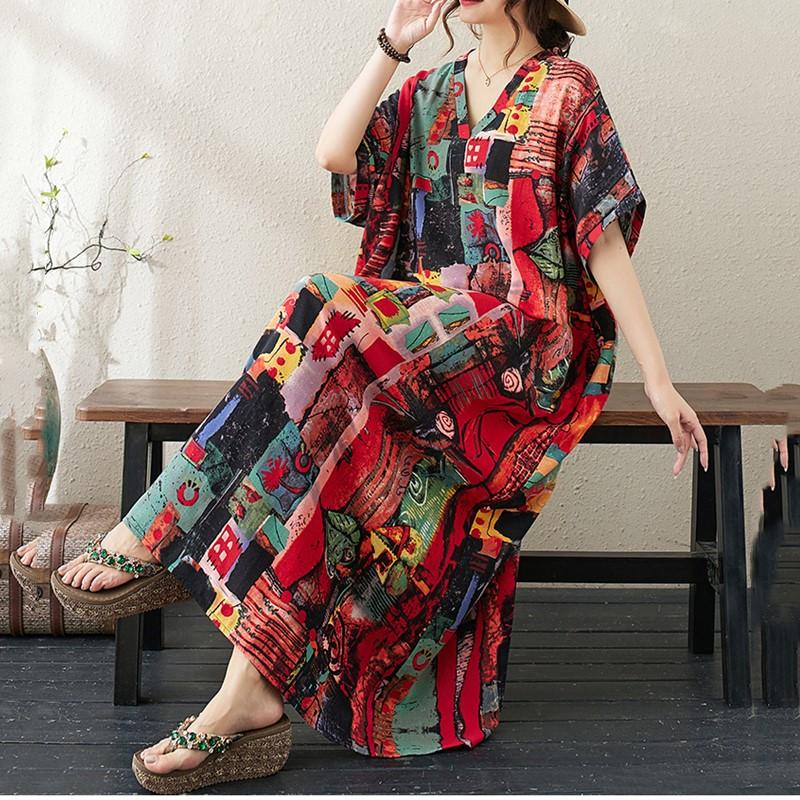 Short sleeve Plus size Cotton vintage floral new in dresses for women casual loose maxi long summer dress