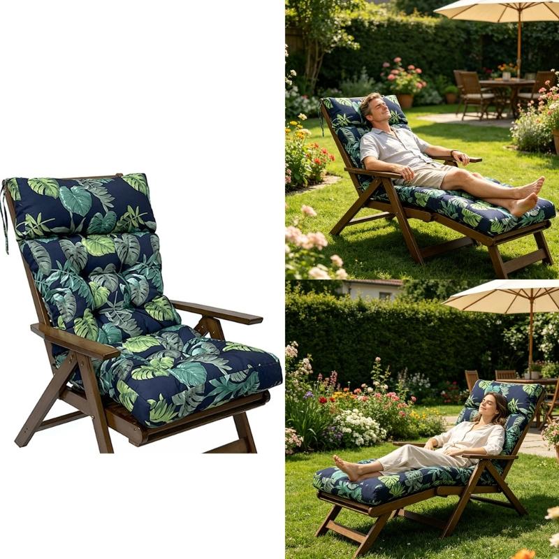 Garden Chair Pad with High Back Headrest, Tufted Outdoor Form and Seat Anchors 125 x 55 cm for Porch Use Daily