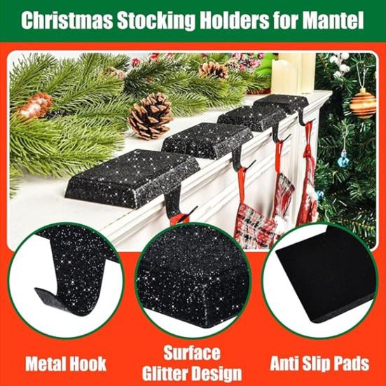 Glitter Christmas Stocking Holder Xmas Stocking Hanging Hook Heavy Duty Metal Stocking Hanger for Mantle Shelf Fireplace Stair Holiday Party Decor