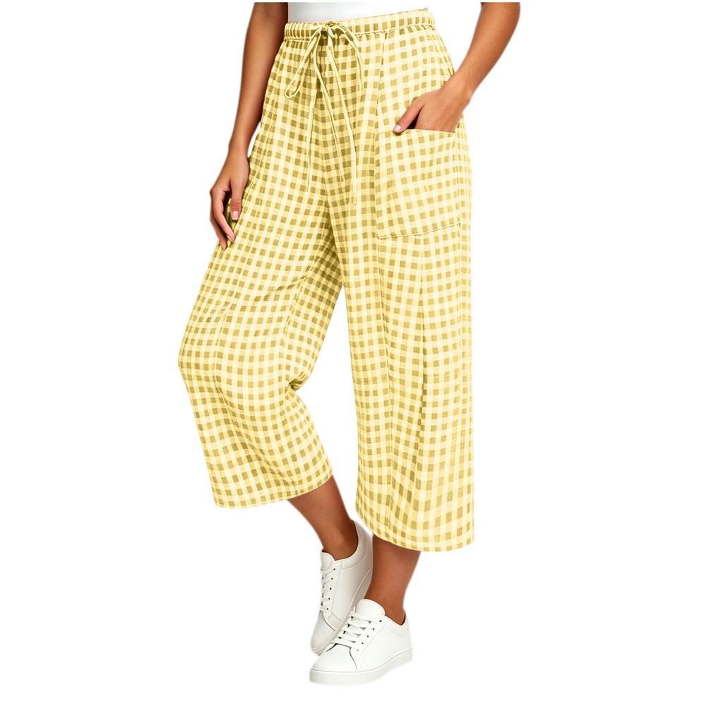 Women Loose Fit Plaid Wide Leg Pants with Drawstring Waist and Large Pockets Fashion Casual Trousers for Daily Wear