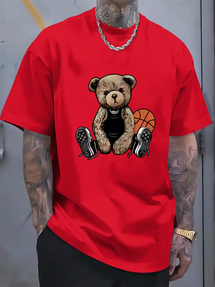 

Funny Basketball Bear Print Short SleeveTshirt Round Neck Summer Tee for Men s Casuanl Loose Soft Cotton Casual T-Shirt S