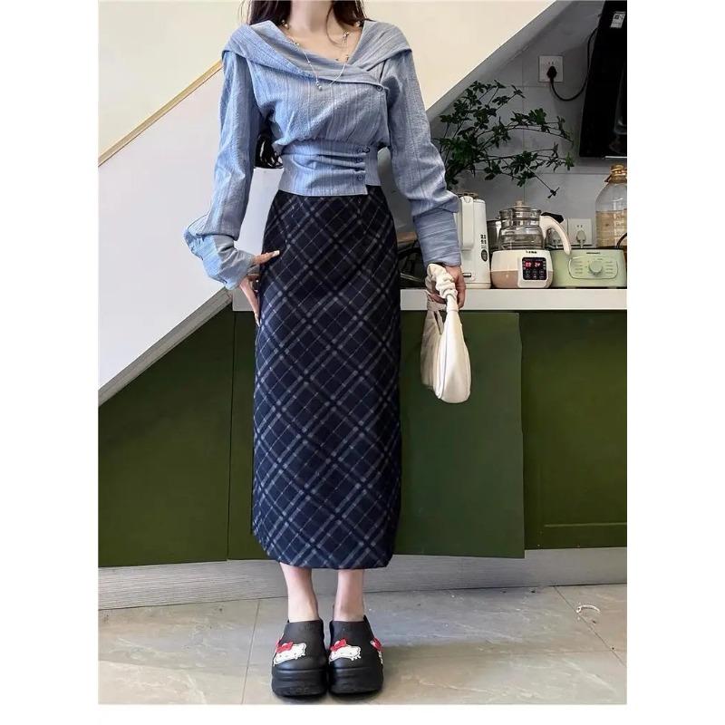 Frühling Herbst Taillenbetonende Koreanische Hemden 2025 Neues Design Blaue Oberteile Damen