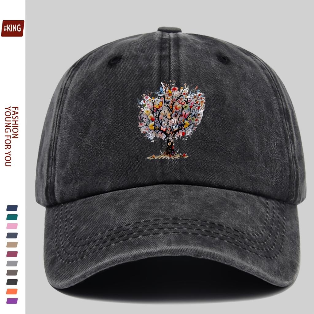 Floral Tree Butterfly Print Baseball Cap Cotton Casual Adjustable Sun Hat Unisex Outdoor Vintage