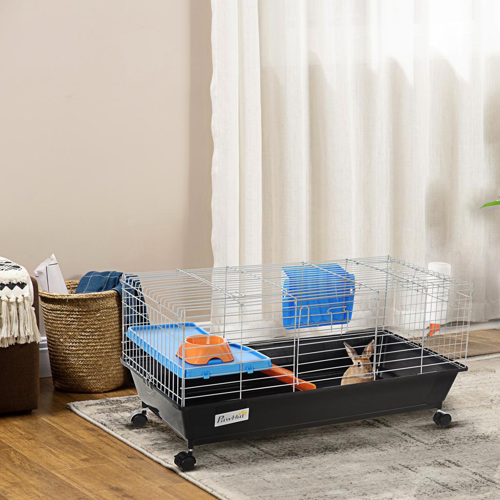 Small Rodent Cage with Wheels, Habitat for Ferrets, Guinea Pigs with Feeder, Water Bottle, Ramp and Opening Roof, 89x44x43 cm, Black