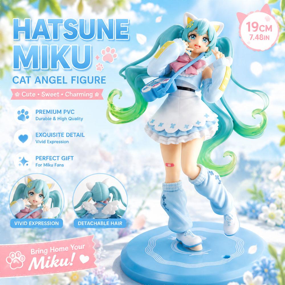 Hatsune Miku Cat Angel Figure 19cm Cute Anime PVC Collectible with Hair Perfect Gift Cute Hatsune Miku Fancy Collectible