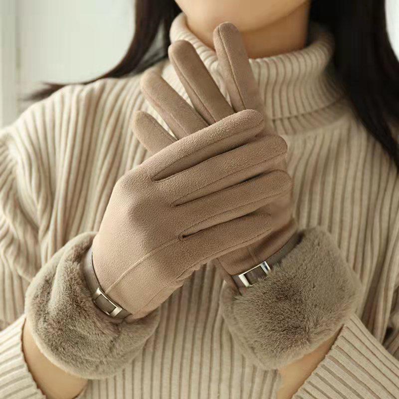 Autumn Winter Warm Suede Gloves Plus Velvet Thickened Plush Decor Cuff Gloves Outdoor Coldproof Touchscreen Riding Ski Gloves