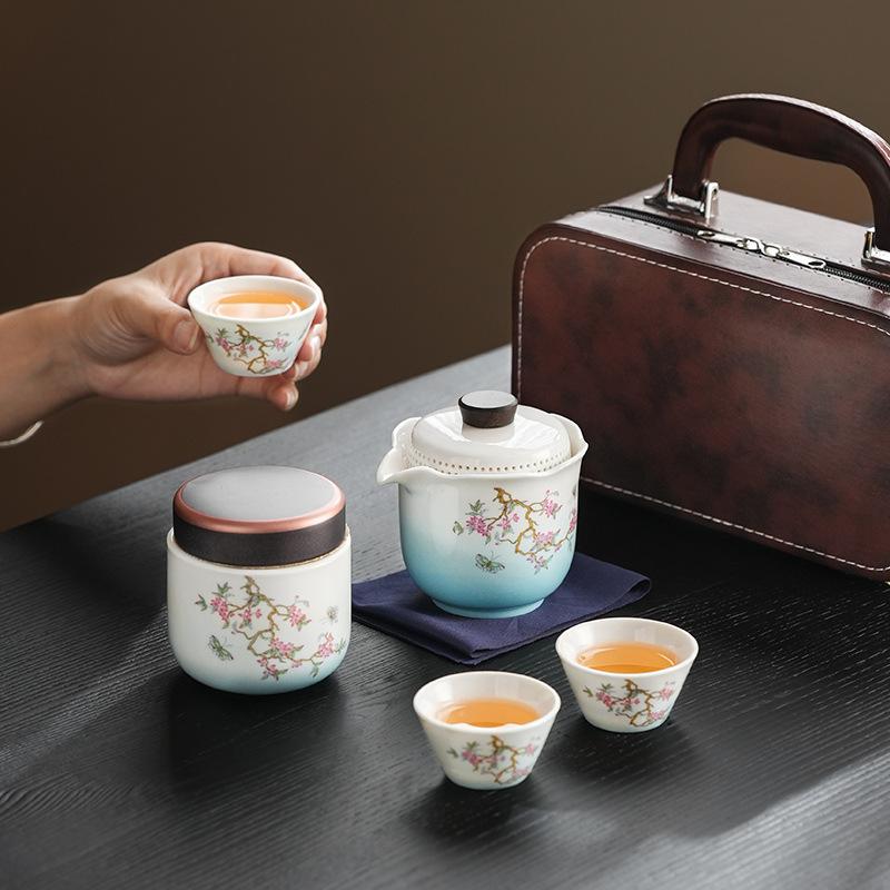 Business Car Express Passenger Suet Jade Travel Tea Set Wisteria Flower Tea Pot Enterprise Wholesale Souvenir