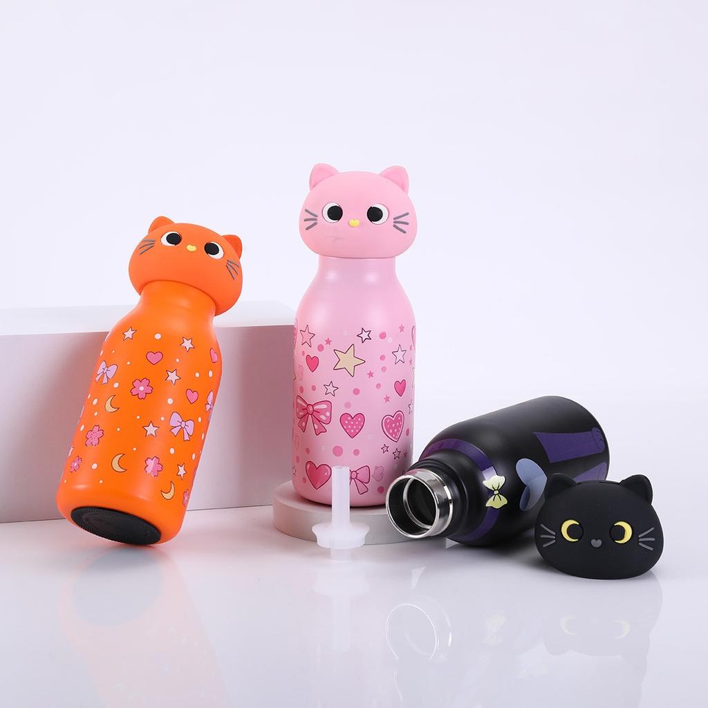 Bouteille d'eau isotherme en acier inoxydable avec tête douce amovible en forme de chat Thermos en forme de chat de dessin animé avec paille pour enfants