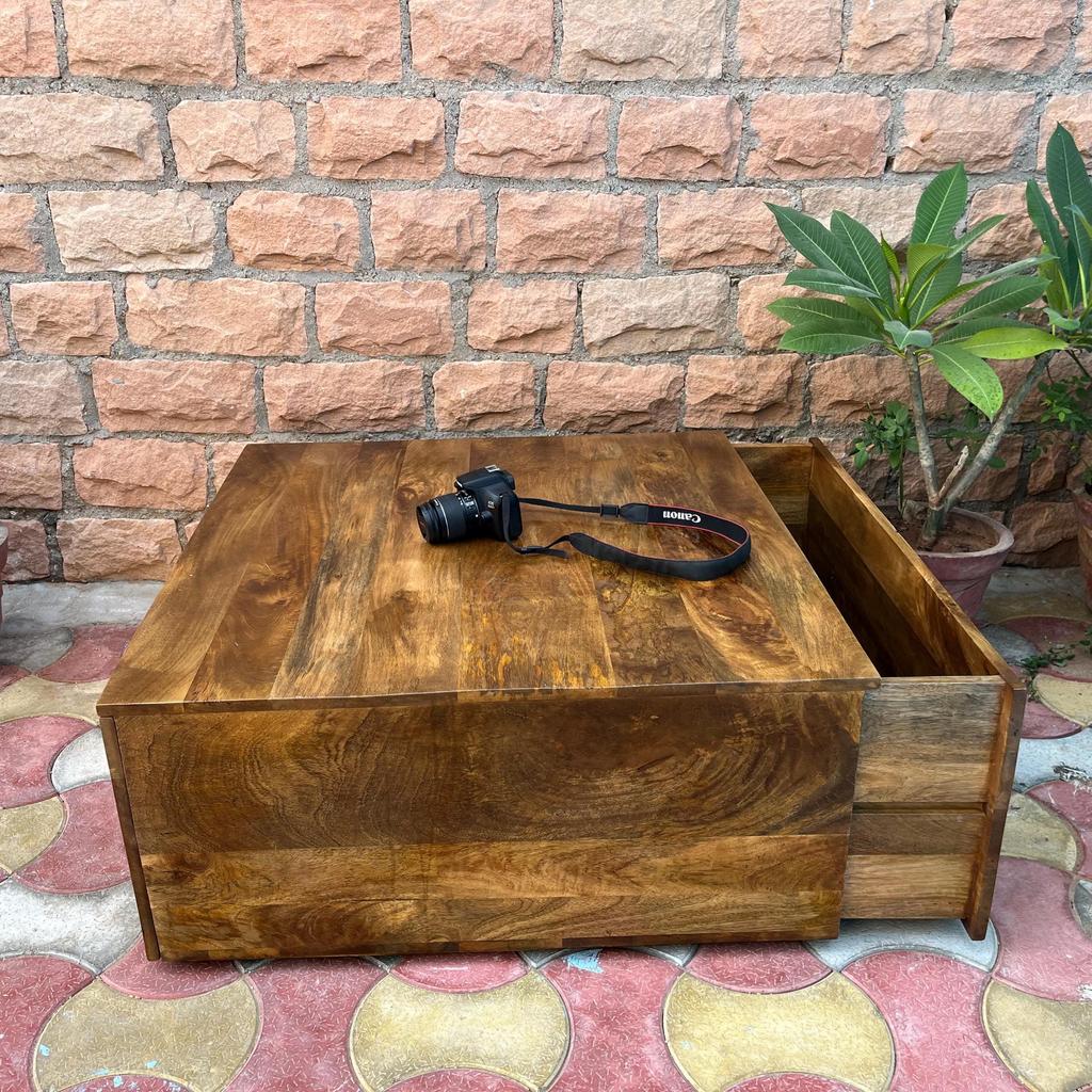 Wooden Central Side Desk Drawer Coffee Table | Indian Bedside Nightstand Bedroom Furniture | Solid Wood with Hidden Storage | Center table